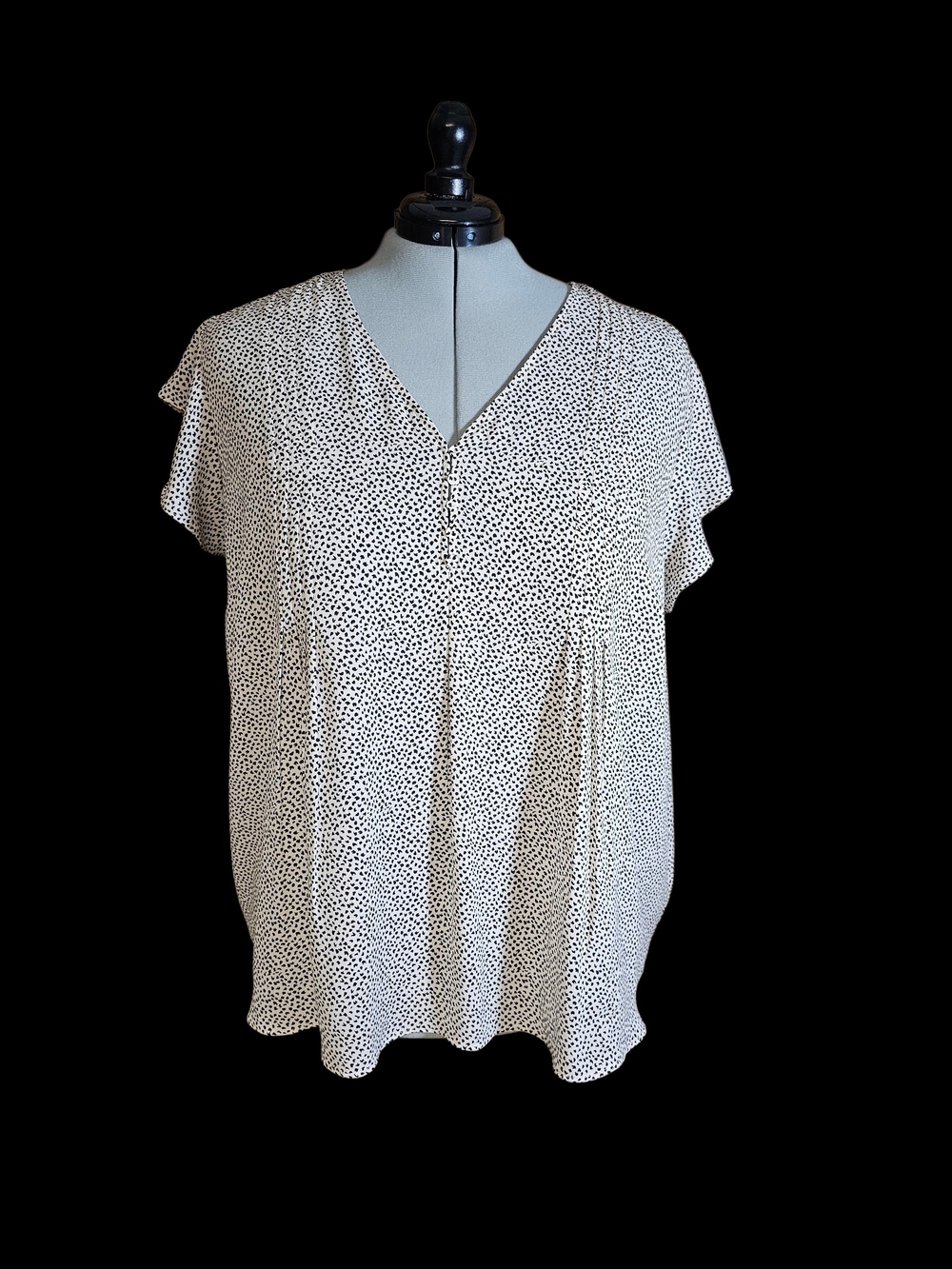 V-Neck Short Sleeve Dot-Print Blouse - Tan/Black